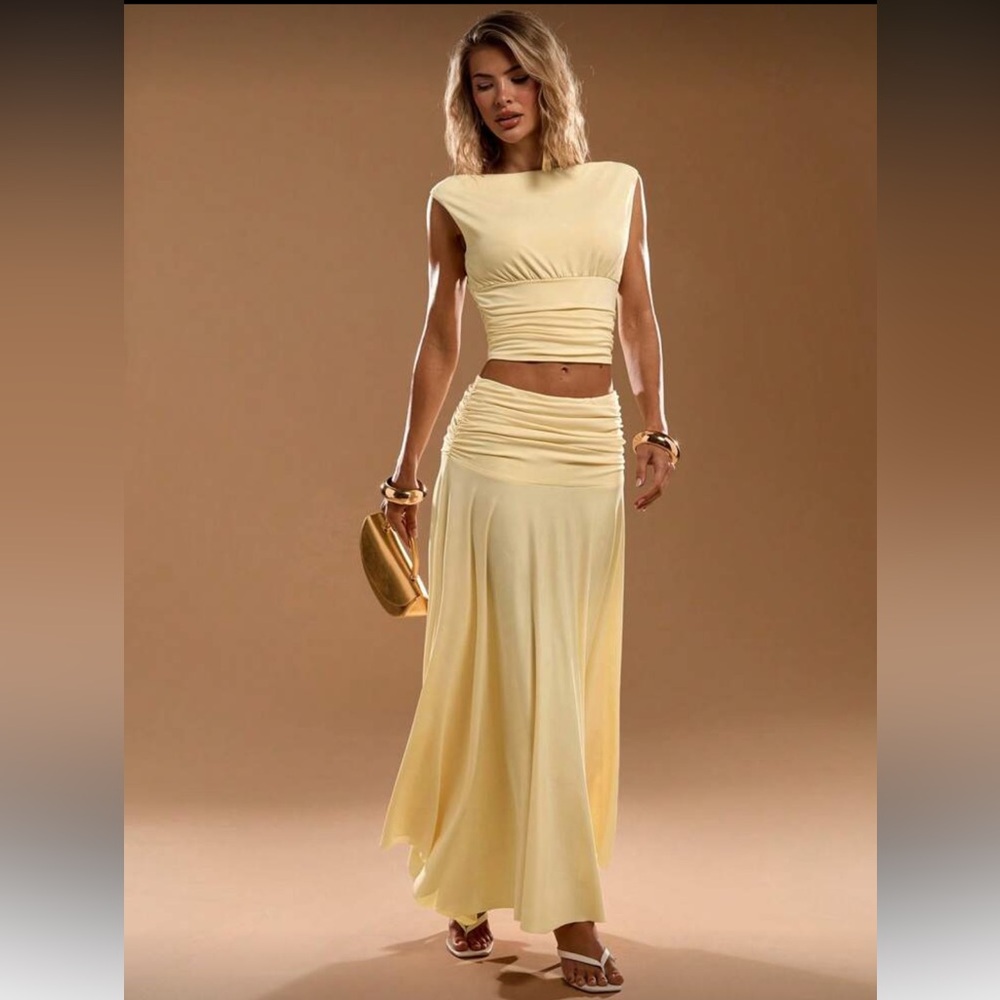 SHEIN Pale Yellow Two-Piece Ruched Crop Top & Maxi Skirt Set